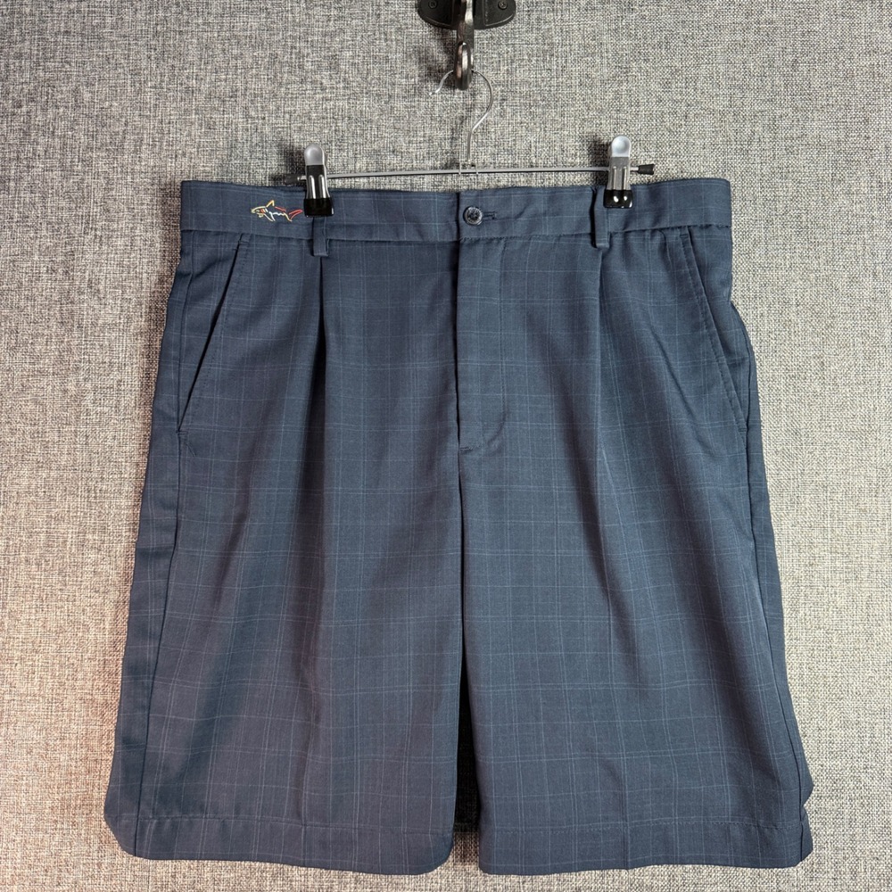 Mens Greg Norman Golf‎ Shorts 33 Blue Windowpane Check Pleated Shark Logo